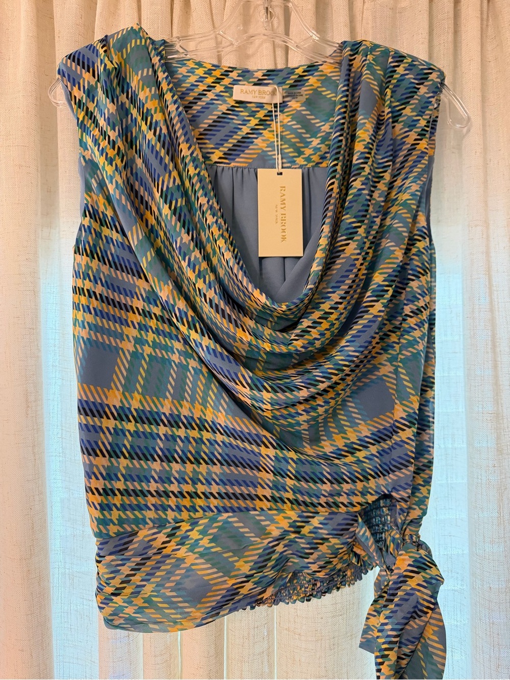 Ramy Brook Blue, Green & Yellow Plaid Cowl Neck Sleeveless Top